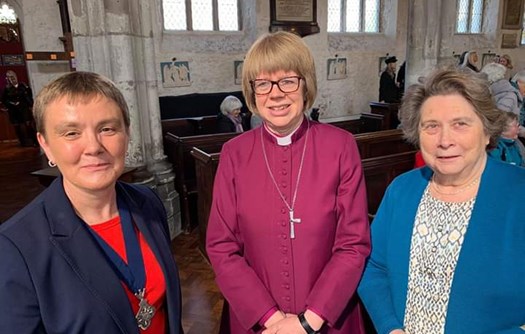 Cath Comley, The Bishop of London, and Trudy Wood following the service at St Dunstan's 13th April 2019