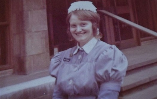 Sheila Billins (nee Sloman), Sister PW3. Outside Knutsford House, East Mount St 1971/72